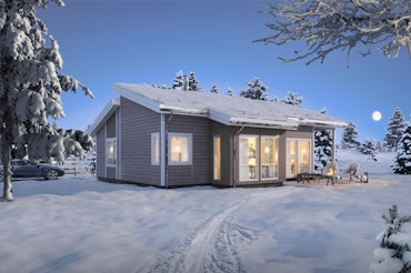 Moderne ettplans lite julepyntet hus. Inngangsparti med plass til benker og koselige lykter hvor du kan sitte å nyte fullmånen på vinteren.