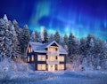 Klassisk hustype over tre plan i mørk fargenyanse. Huset Januarnatt illustrert i vinterlandskap med nordlys på himmelen.