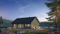 Hyttemodellen Tyri har store og fine vinduer som slipper inn bra med lys. Hytta er her vist i solnedgang, med platting og utemøbler, idyllisk plassert ved sjøen.