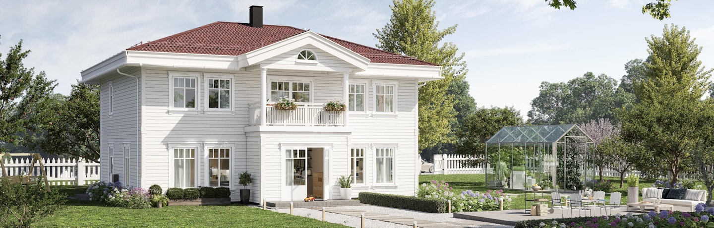 Herskapelig, hvit villa av husmodellen Wilhelmine. Valmet rødt tak, mange vinduer og overbygd balkong. Grønn plen, drivhus og vekster i plantekasser.