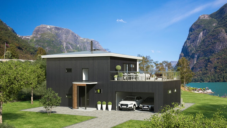Det moderne funkishuset Corbel med dobbel garasje og stor takterrasse. Illustrert en vakker sommerdag på en tomt i fjordlandsskap.