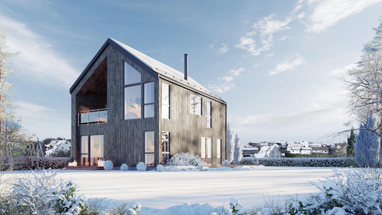 Det moderne ferdighuset Rektangula Large i vinterdrakt. Med store vinduer, uteplass trekt inn i huskroppen og her illustrert med naturlig grånet trekledning.