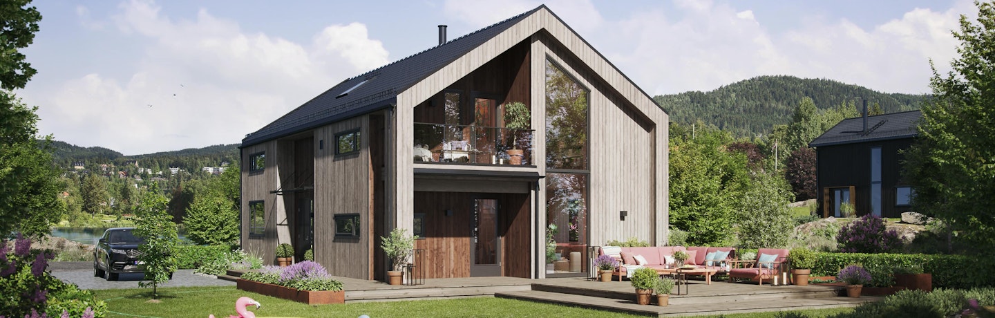 Den moderne husmodellen Azo med, store vinduer, overbygde uteplasser og saltak. Det er sommer med hagemøbler og leker utenfor.