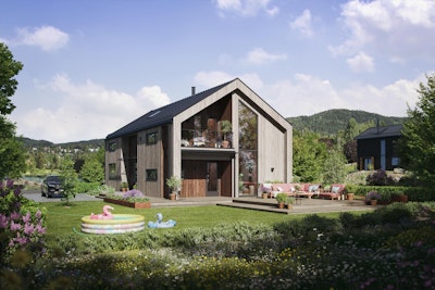 Den moderne husmodellen Azo med, store vinduer, overbygde uteplasser og saltak.Det er sommer med hagemøbler og leker utenfor.