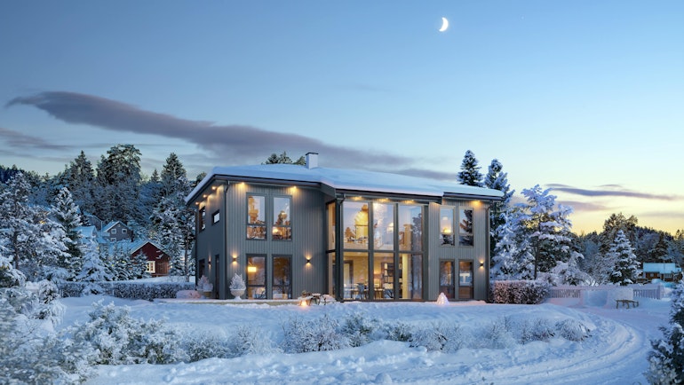 Huset Farisi stemningsfullt illustrert i blåtimen. Det er snø på bakken og i trærne og månen er på himmelen. Gjennom store vinduer ser man inn i boligen.