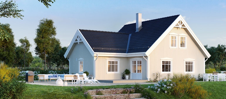 Illustrasjon av eksteriør husmodell Vegaardsheim fra Nostalig-serien i sommermiljø, her med fasade i lys beige med hvite detaljer.
