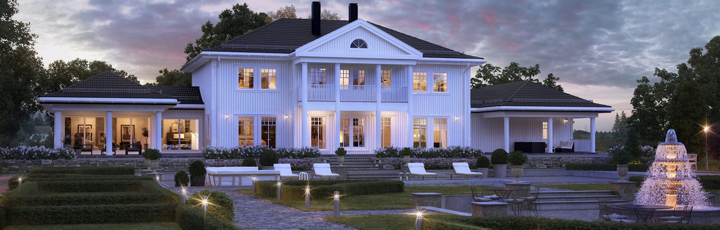 Ladegaard er vårt største herskapelige hus - et drømmehus. Her vises huset hvitmalt og på en stor tomt med fontene i hagen.