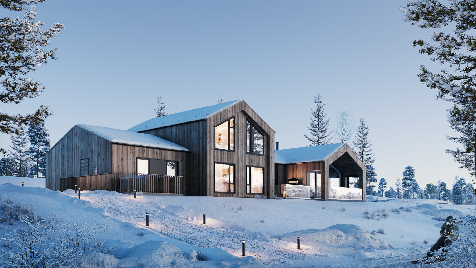 Denne store fjellhytta inneholder det aller meste. Her er det fem soverom, tre bad, badstue, og garasje.