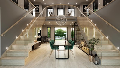 Herskapelige Holmgaard i moderne stil med svarte vinduer og dører. Dobbelt trappeløp med glassrekkverk og vinrom under den ene trappen.