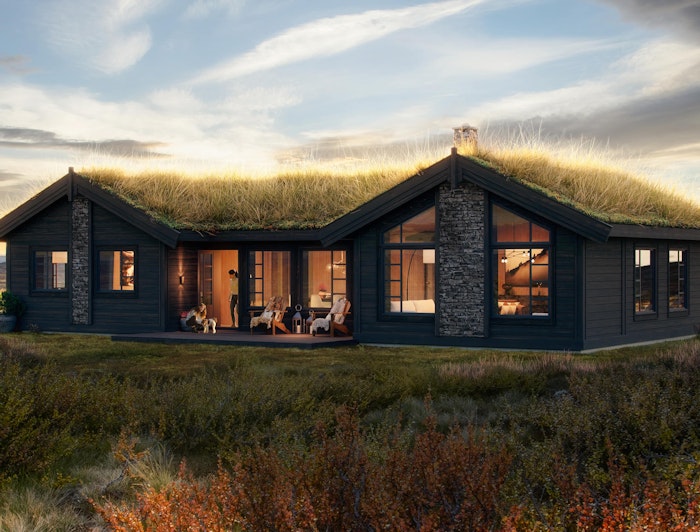 Himmelhø 1 er en praktfull hytte som her presenteres på en flat tomt i fjell-landskap. Det er kveldsstemning på illustrasjonen og det lyser varmt ut av vinduene i hytta. Det