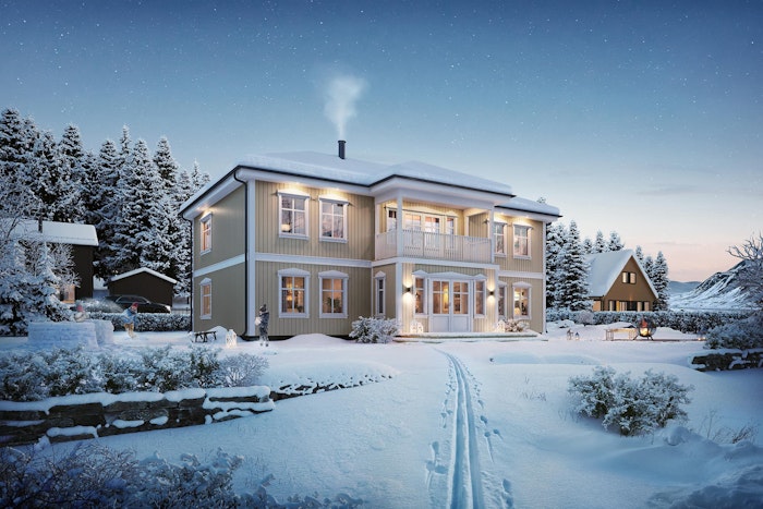 Utvendig illustrasjon av husmodell Raumarheim på kveldstid med snø på bakken her illustrert med beige farge på huset.