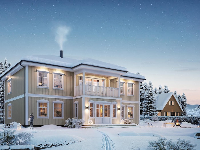 Utvendig illustrasjon av husmodell Raumarheim på kveldstid med snø på bakken her illustrert med beige farge på huset.