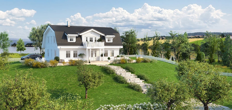 Almgaard er et herskapelig hus med en nydelig fasade, på illustrasjonen vises huset på en flott sommerdag.