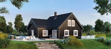 Eksteriør av husmodell Vegaardsheim plassert i landlige omgivelser på en sommerdag, her med sort fasade og hvite detaljer.