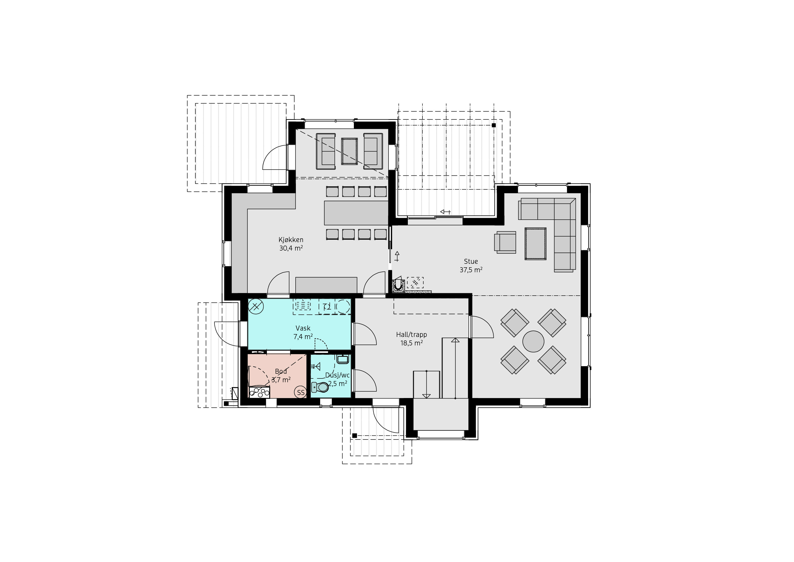 Vinkelhuset Vinci planløsning 1. etasje