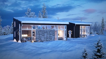 Hyttemodellen Foris presenteres her i et vinterlandskap. Det er blåtimen ute og fin og varm stemning inne i hytta.