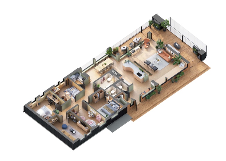 I trehus er det enkelt å endre på planløsningen, her ser du et eksempel på inndeling av rommene i husmodellen Futuro.