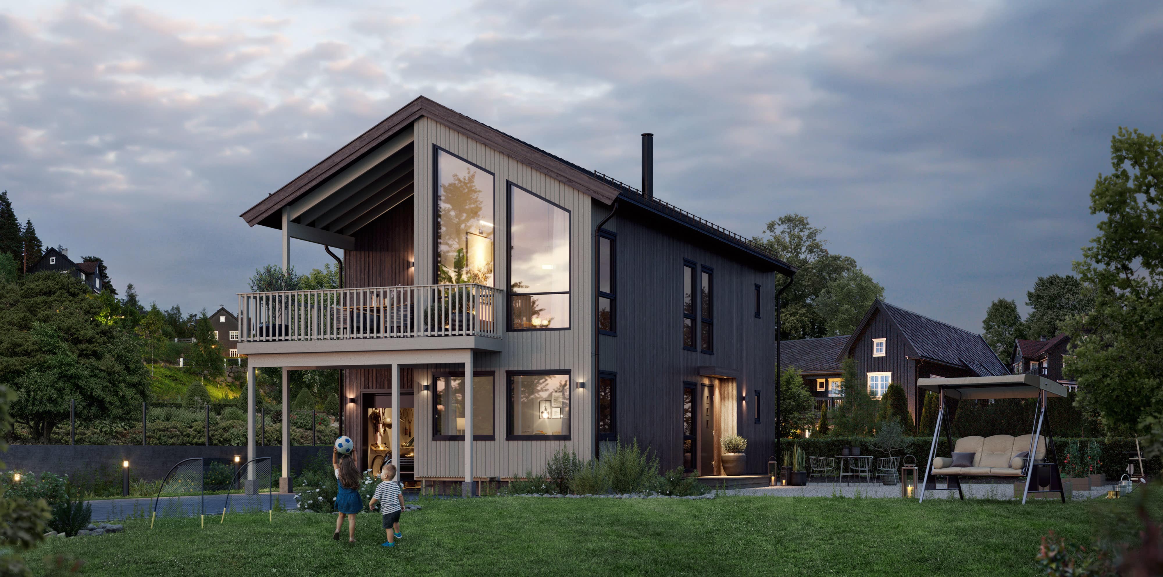 Berga er et moderne hus som her illustreres p&aring; en varm sommerkveld hvor barna leker i hagen.