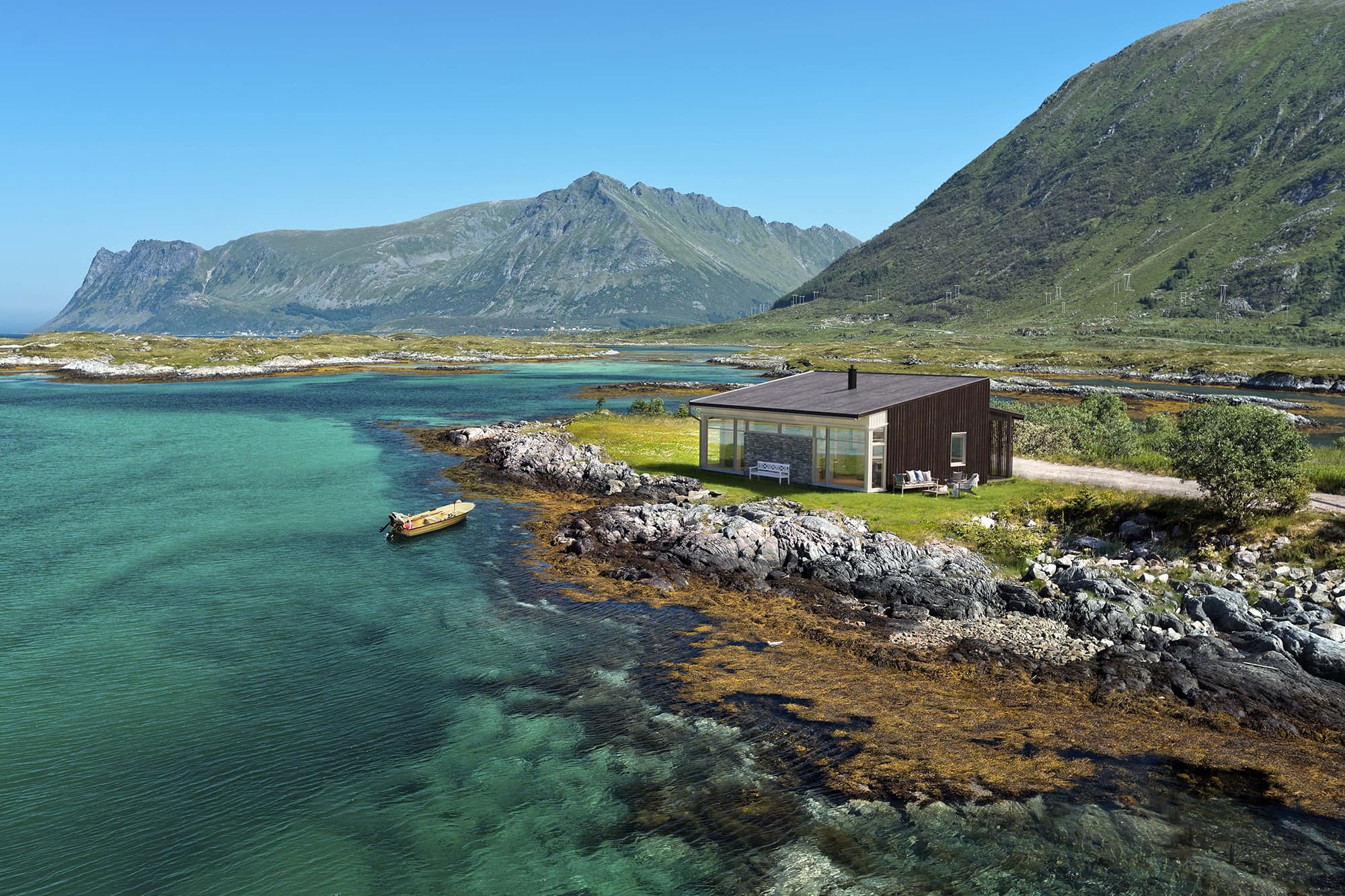 Hytte ved sj&oslash;en eller hytte p&aring; fjellet - Foris Unum modellen passer fint begge steder og illustreres her plassert nede ved vannet.