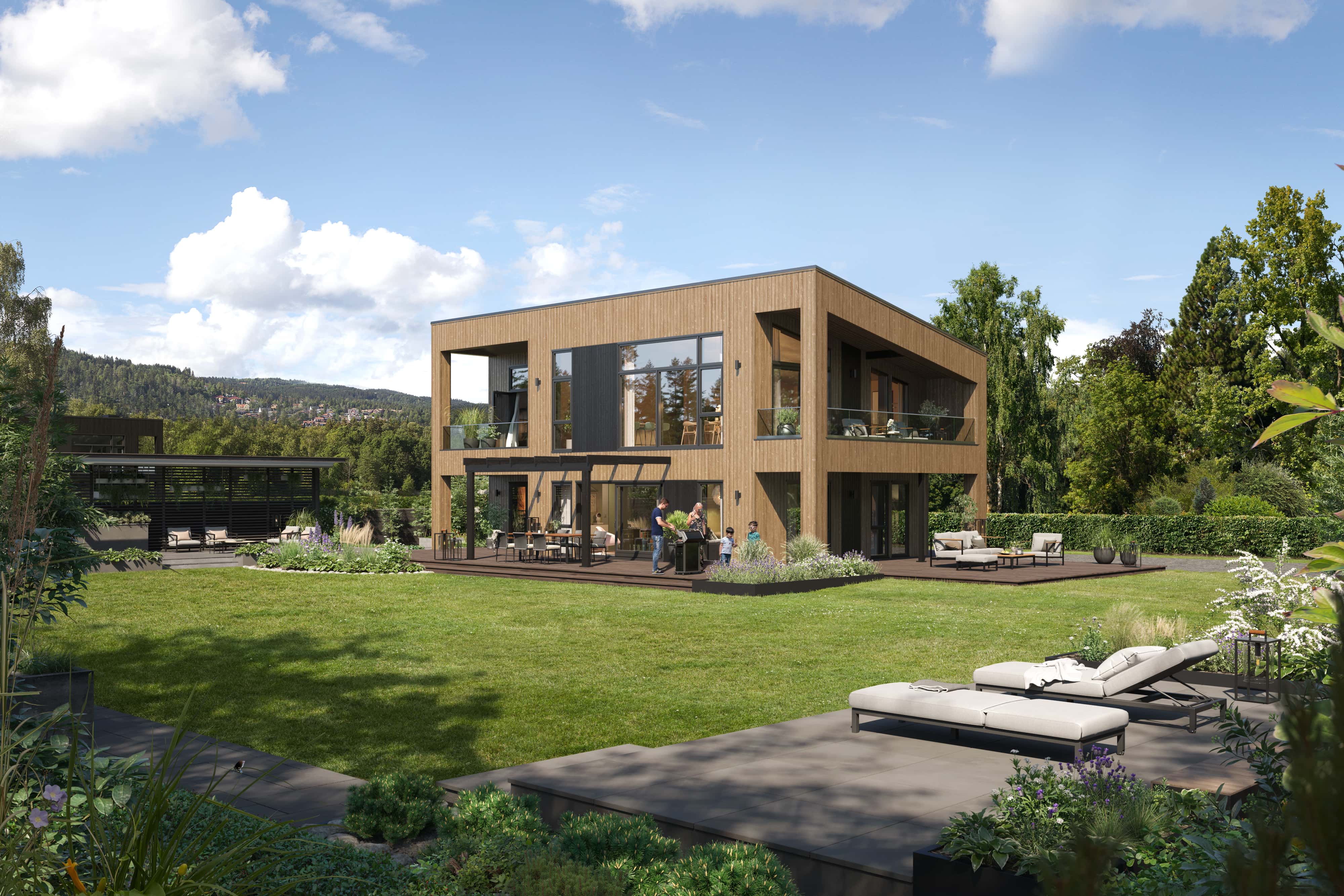 Huset Adria er her illustrert med saltak og i fargen Trebitt Grånet Oker på fasaden. Huset står på en åpen og flat tomt.