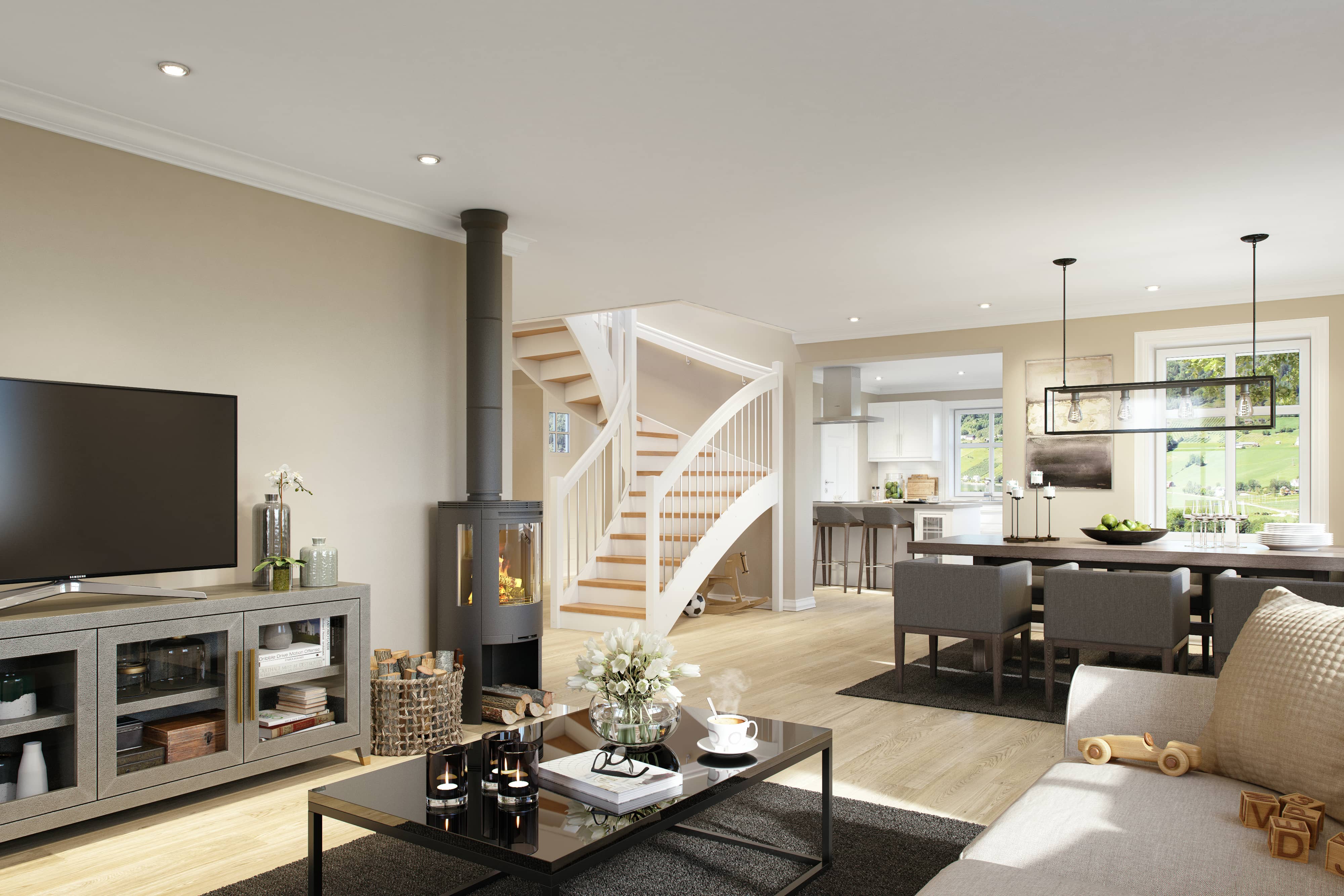 Gjendebu vises her frem med sin åpne kjøkken- og stueløsning. Trappen opp til 2. etasje er plassert i midten og peisovnen gir en koselig stemning i rommet.