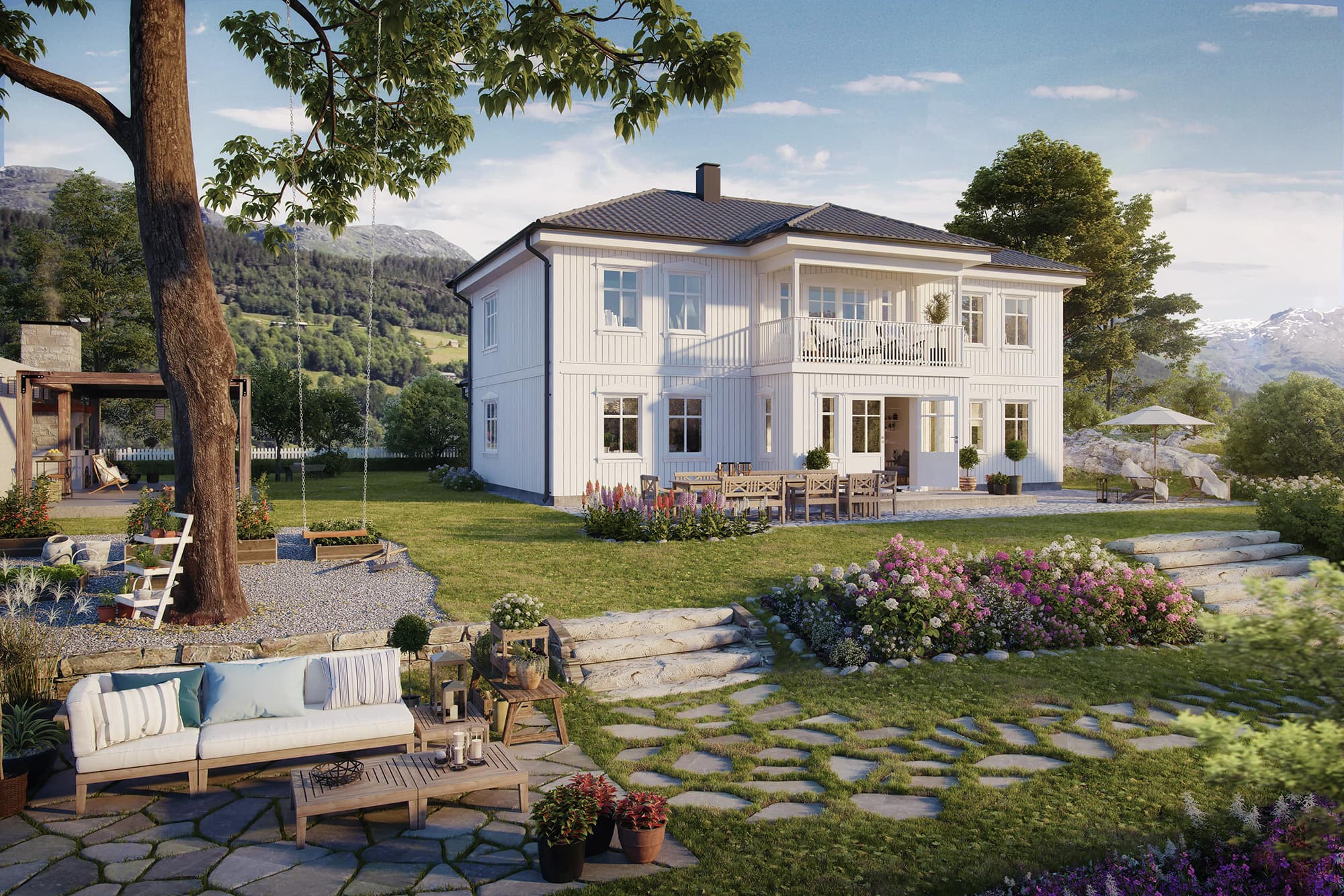 Eksteriørillustrasjon av husmodell Raumarheim her hvitmalt med sort tak plassert i et sommermiljø.