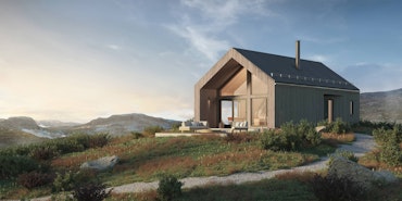 V1 er en smart liten hytte som her er plassert på en fin fjelltomt. Mange kunder etterspør slike små hytter som er store nok.