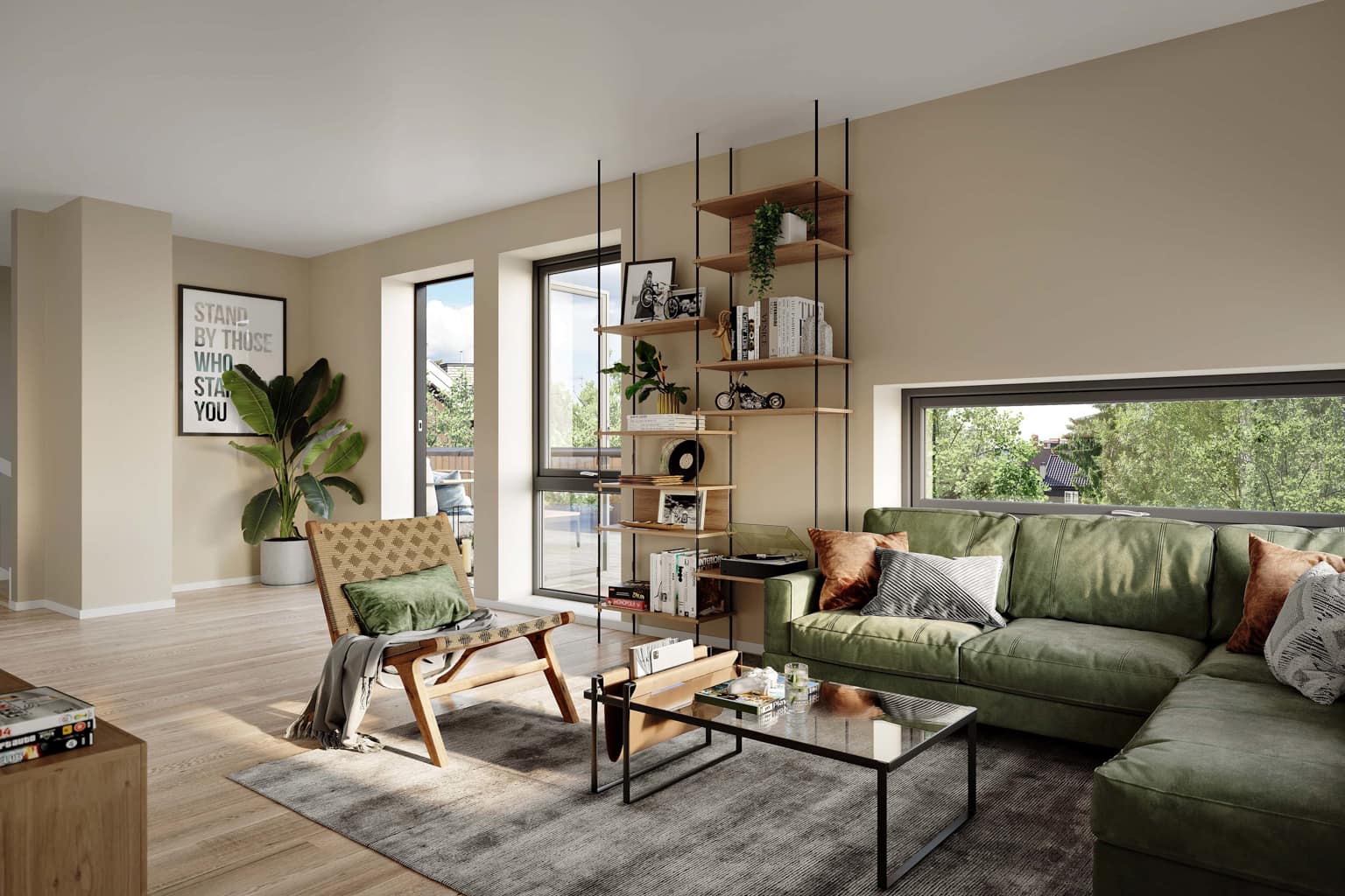 Stueområde i beige moderne innredet med grønn sofa og hyller i tre. Stuen har flere, store vinduer som gir godt med lys inn. Utgang fra stuen til fin uteplass.