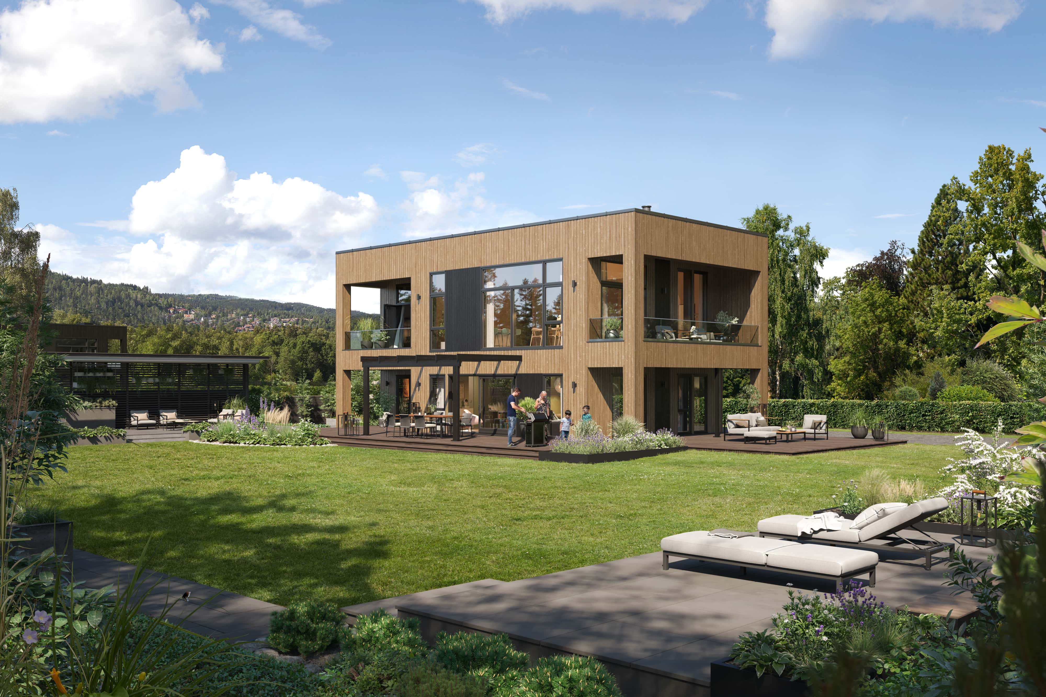 Moderne Adria som her presenteres med flatt tak. Huset er plassert på en stor og flat tomt.