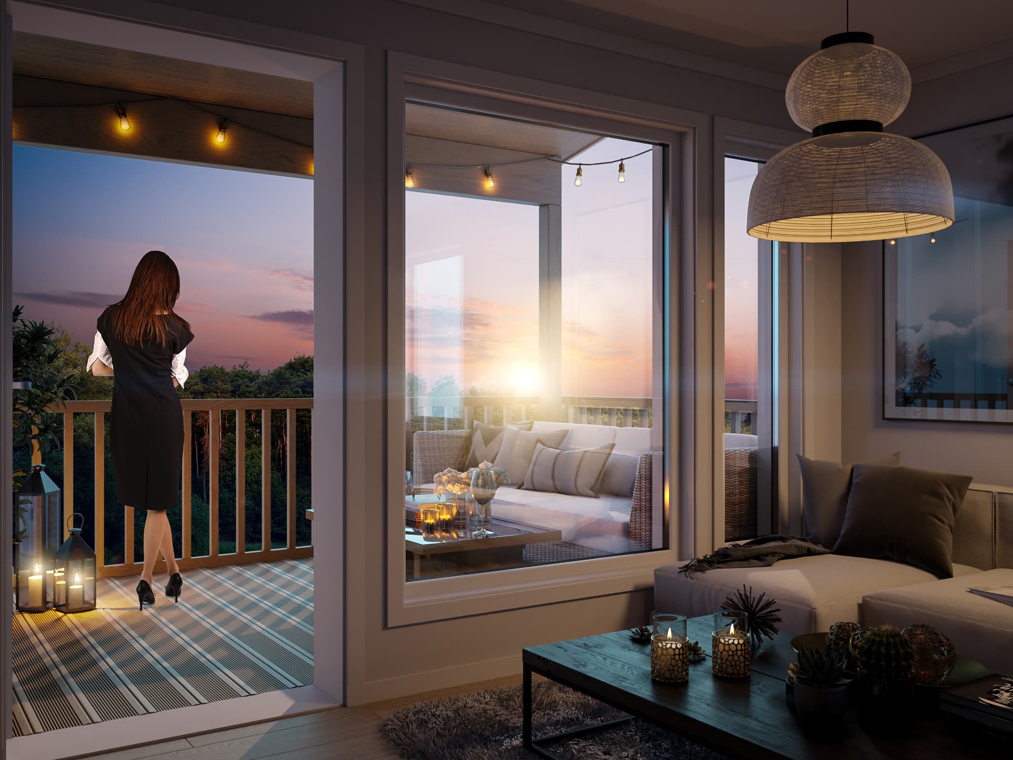 Stue med &aring;pen verandad&oslash;r og kvinne som st&aring;r p&aring; verandaen og ser p&aring; kveldshimmelen. Fra tomannsboligen Breim.