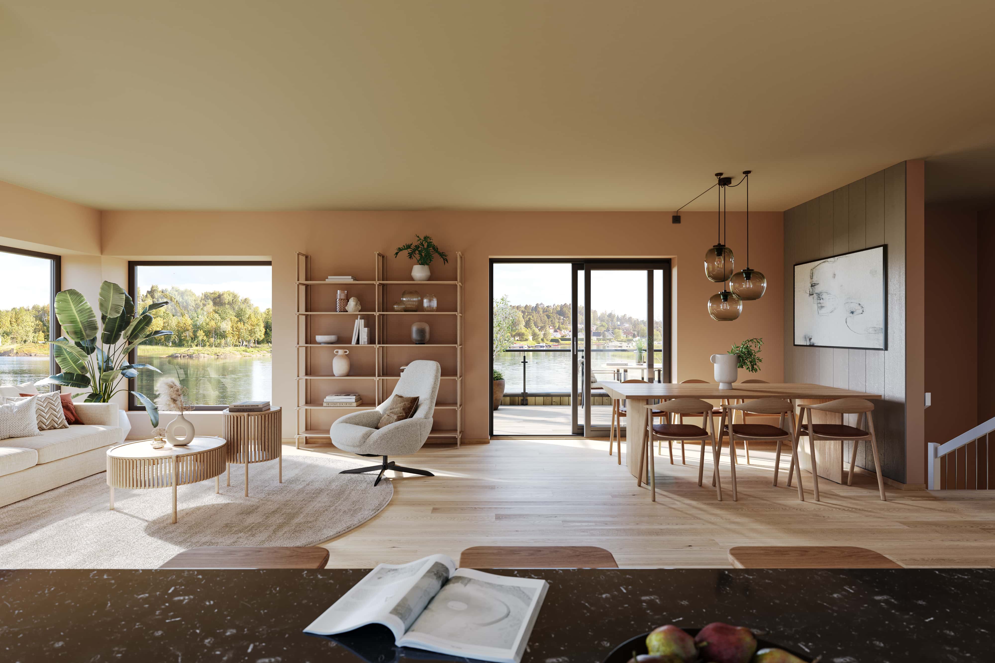 Illustrasjonen viser en lun og varm fargepalett i stua til funkishuset Fano. Her er det stor plass og rom til både sofagruppe og spisebord.