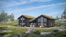Himmelhø 2 i sommerstemning. Hytten er plassert på en flat tomt i denne illustrasjonen.