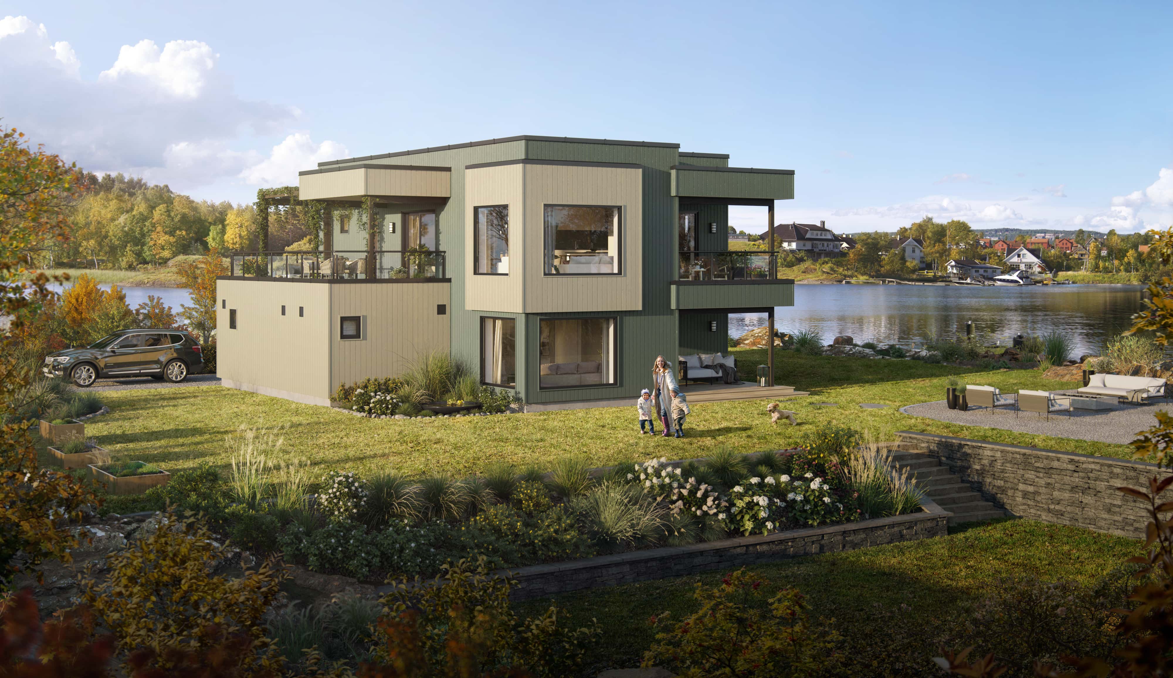 Fano er et moderne funkishus med spennende vinkler som her er plassert på en flott tomt nede ved vannet.