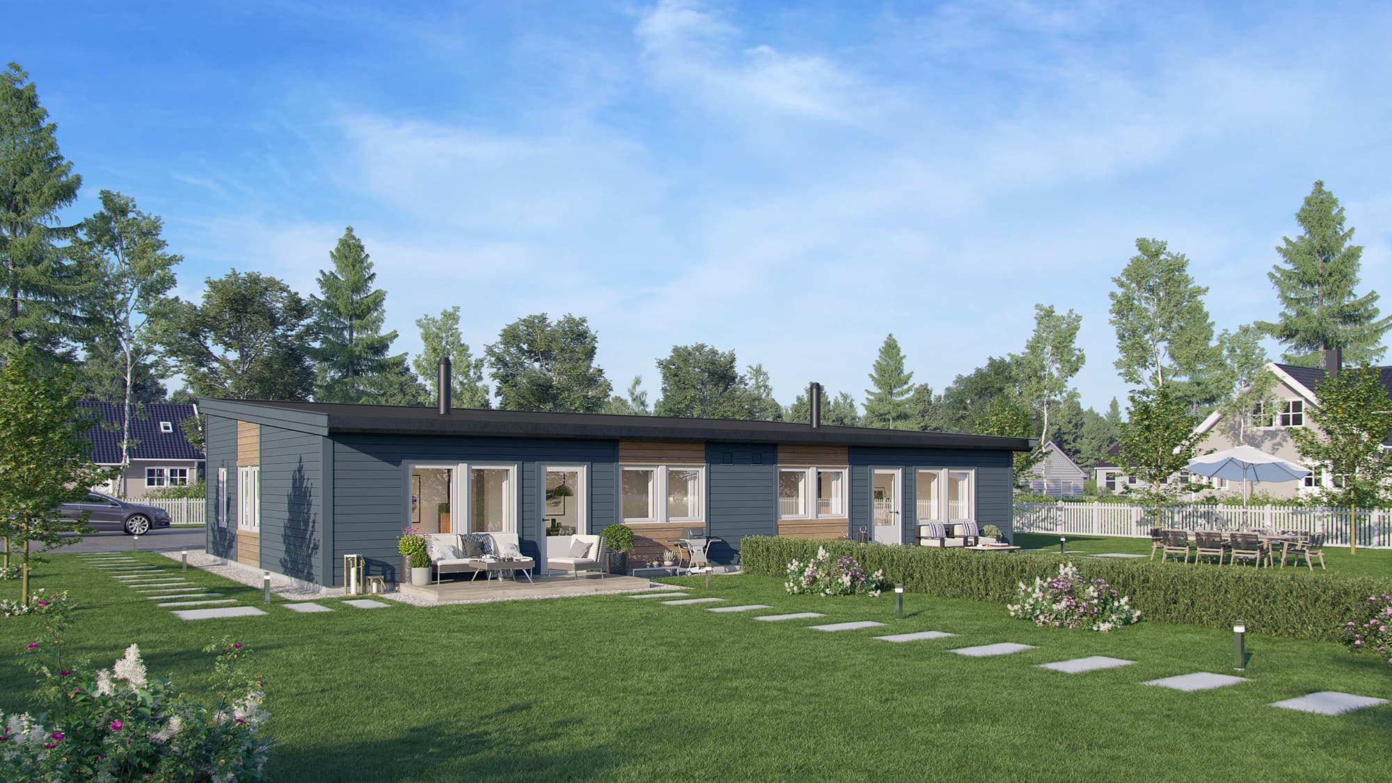 Tomannsboligen Neptun (HK 2-1) med gr&oslash;nn plen og heller rundt. Boligen har pulttak og er her vist med kledning i gr&aring; og beige farge samt hvite rammer i vinduer og terrassed&oslash;rer.