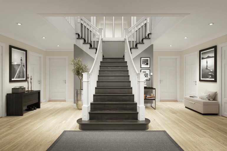 Illustrasjon som viser trappen i vår herskapelige husmodell Lindegaard