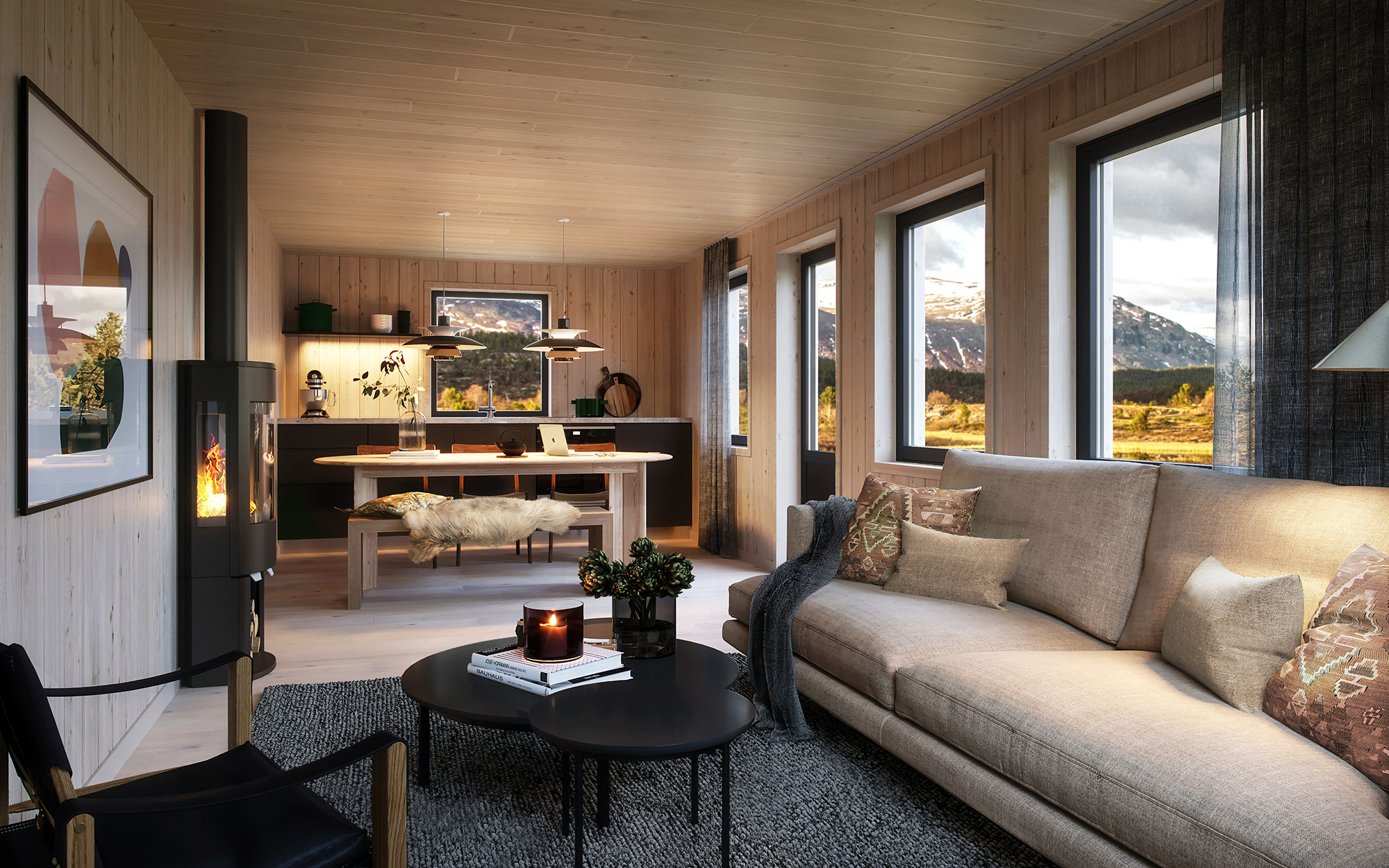 RO 50 er en av våre nye små hytter på 50 kvm. Denne interiøren viser en fin stemning inne i denne hytta som er liten, men stor nok.