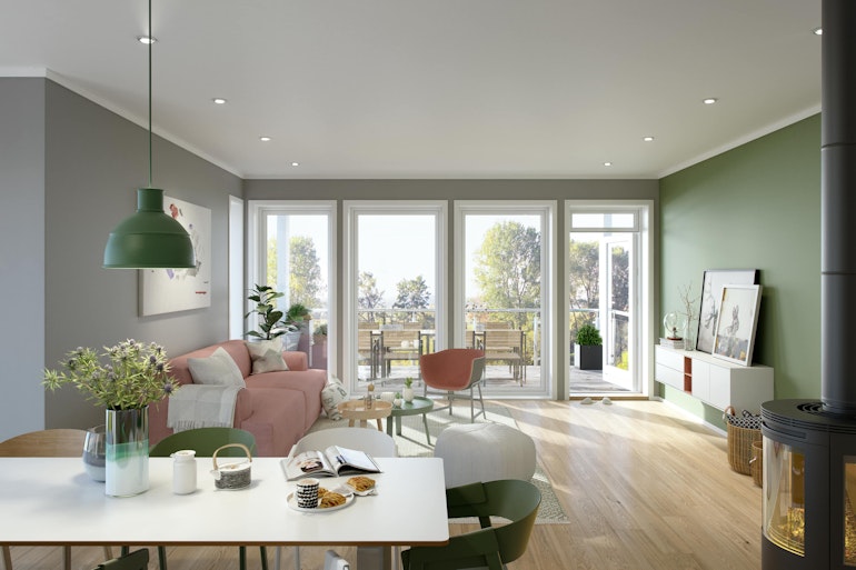 Illustrasjon som viser stuen i husmodellen Milano malt grønt og grått.