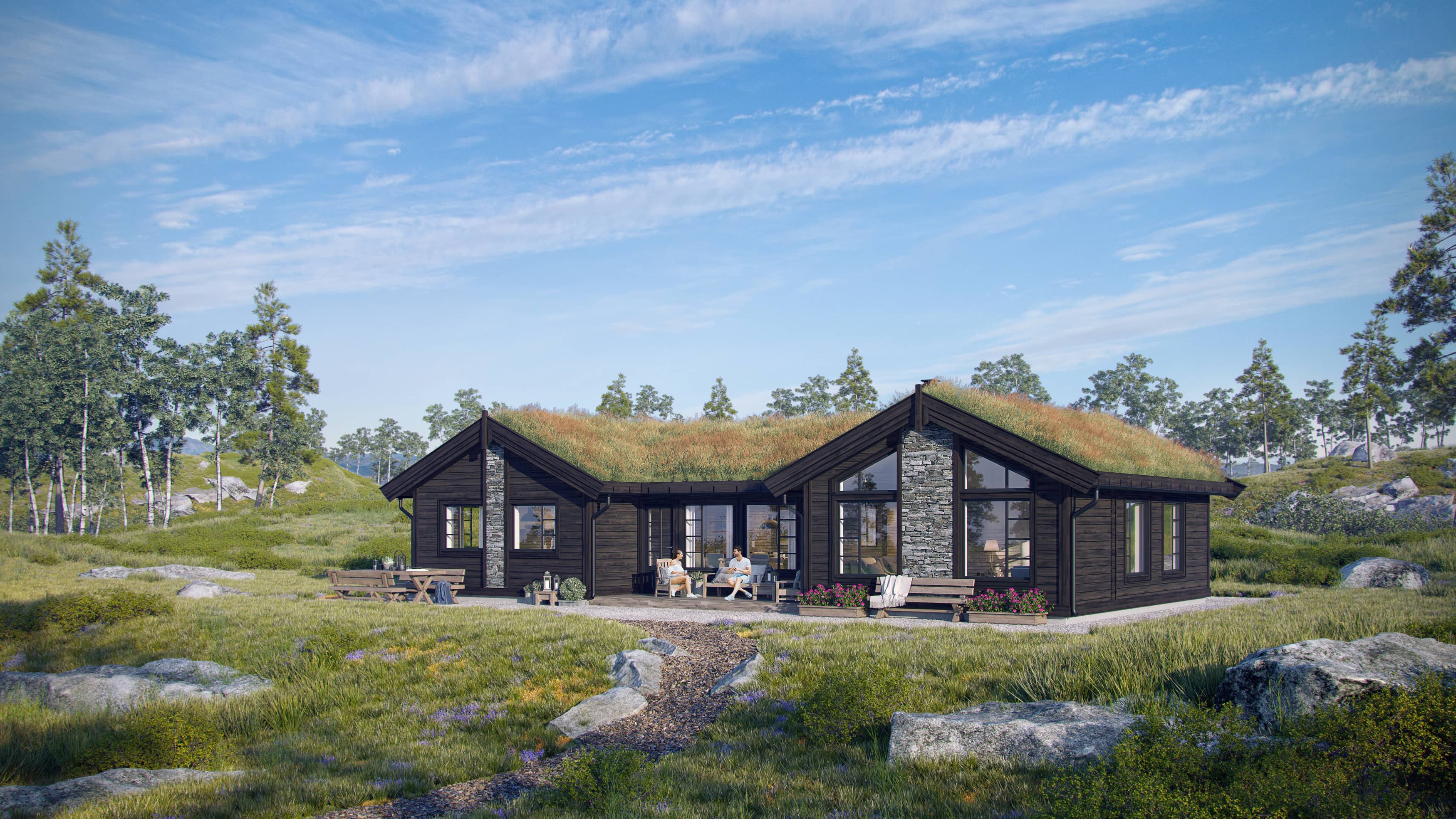 Himmelhø 1 i sommerdrakt. Tomten er flat.