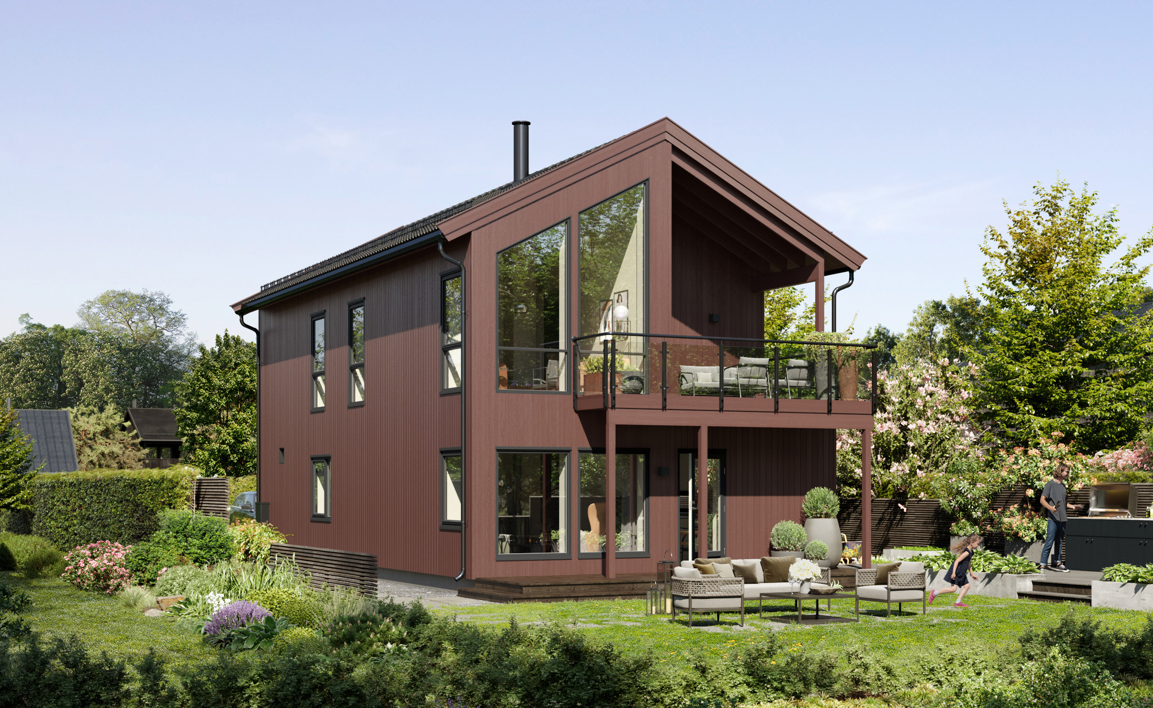 Como er et moderne hus som her vises frem på en flat tomt. Huset er i fargen mørke brun.