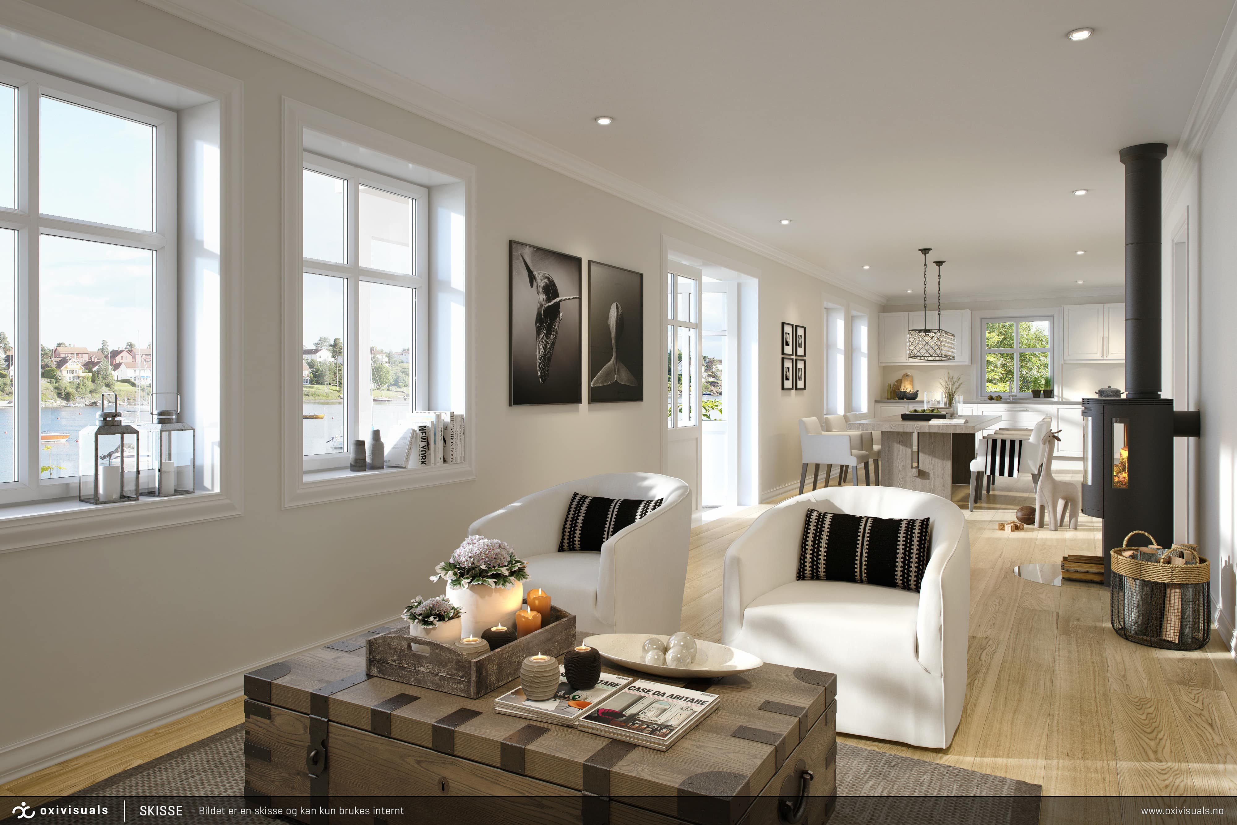 Hvitmalt åpen stue- og kjøkkenløsning i husmodell Fagerli, klassisk innredet og med praktiske løsninger.