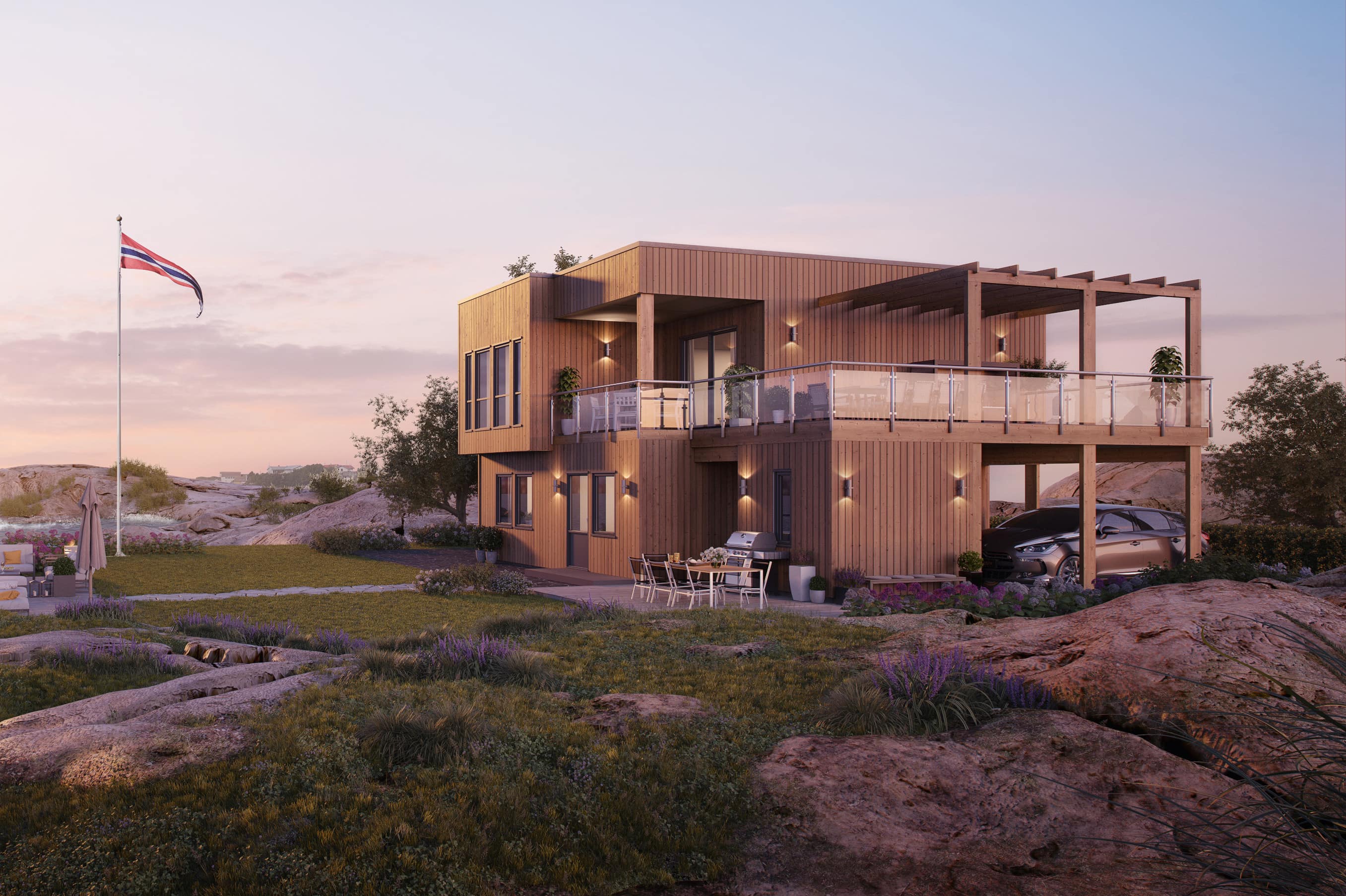 Moderne funkishus med carport integrert - se vår illustrasjon av husmodell Savoia