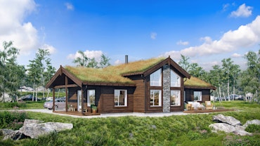 Illustrasjon som viser hyttemodell Bukkehø, her plassert på en fin fjelltomt.