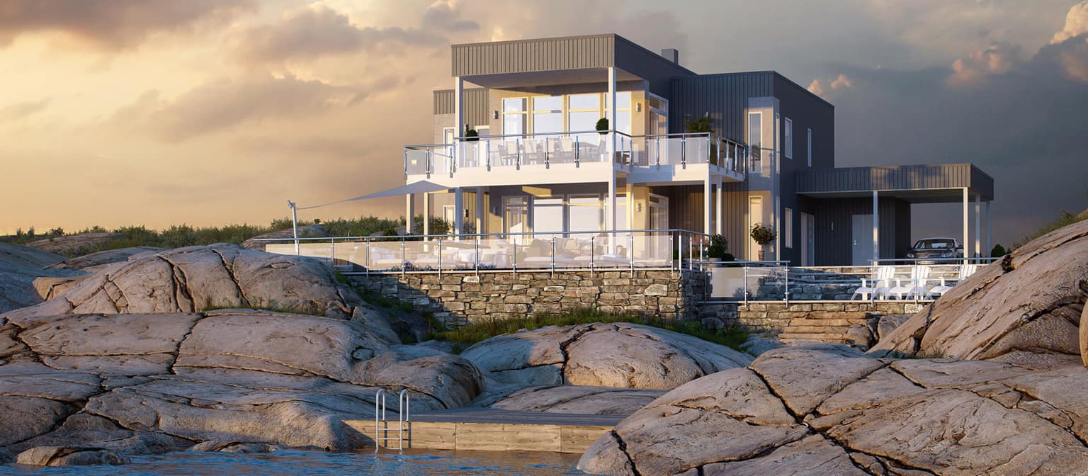 Lucca er et funkishus som her er plassert på en svaberg-tomt ved havet