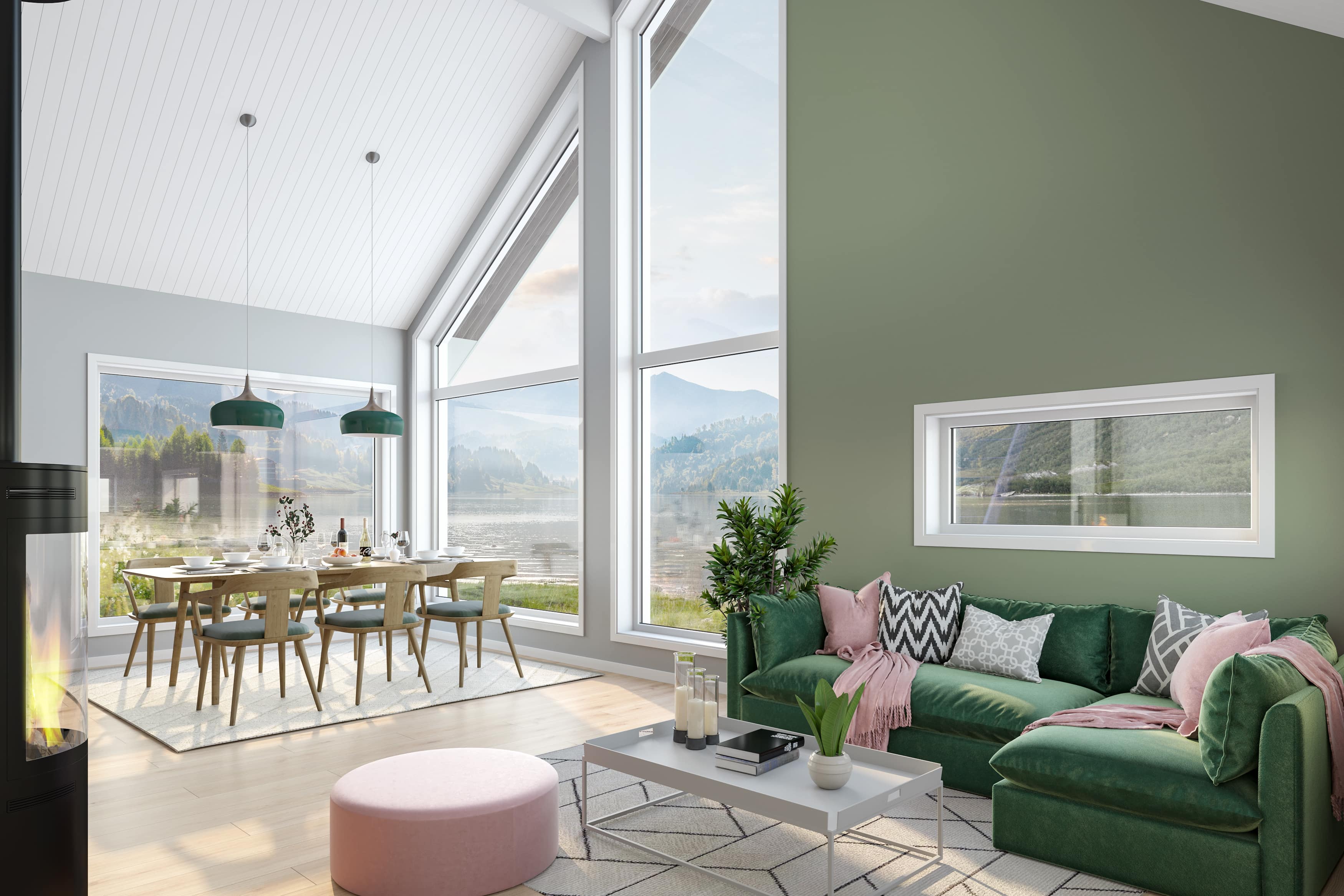 Illustrasjon av hyttemodell Kvarstad, i sommerlige farger som går i grønt og rosa.