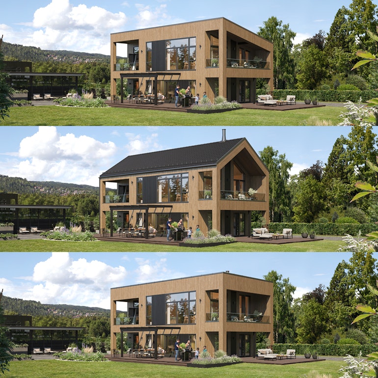Adria, 150 kvadratmeter hus, med tre ulike tak.
