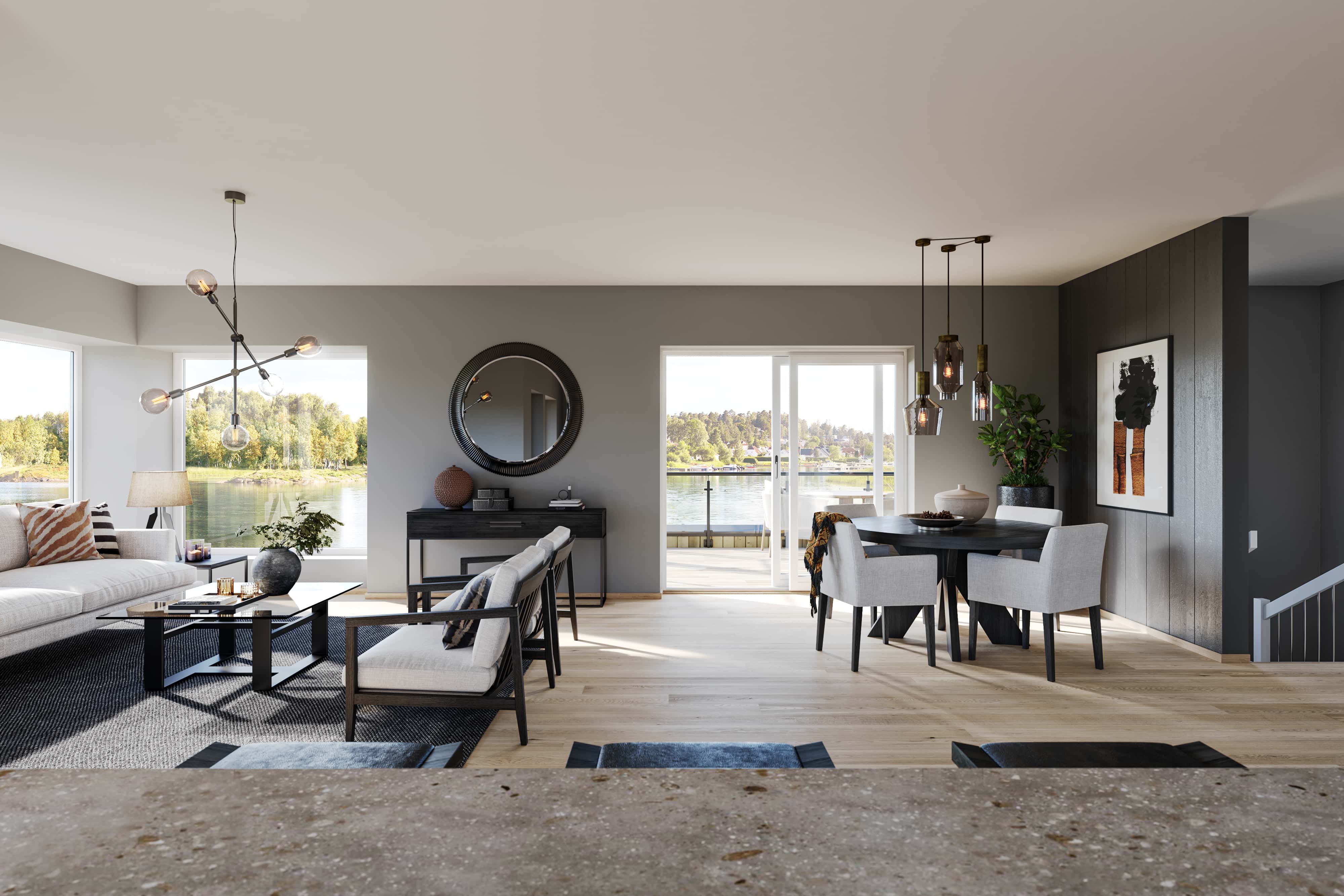 Hvitt tak og hvite vinduer sikrer et stilrent inntrykk i stua i husmodellen Fano. Her er det plass til både sofagruppe og spisebord.