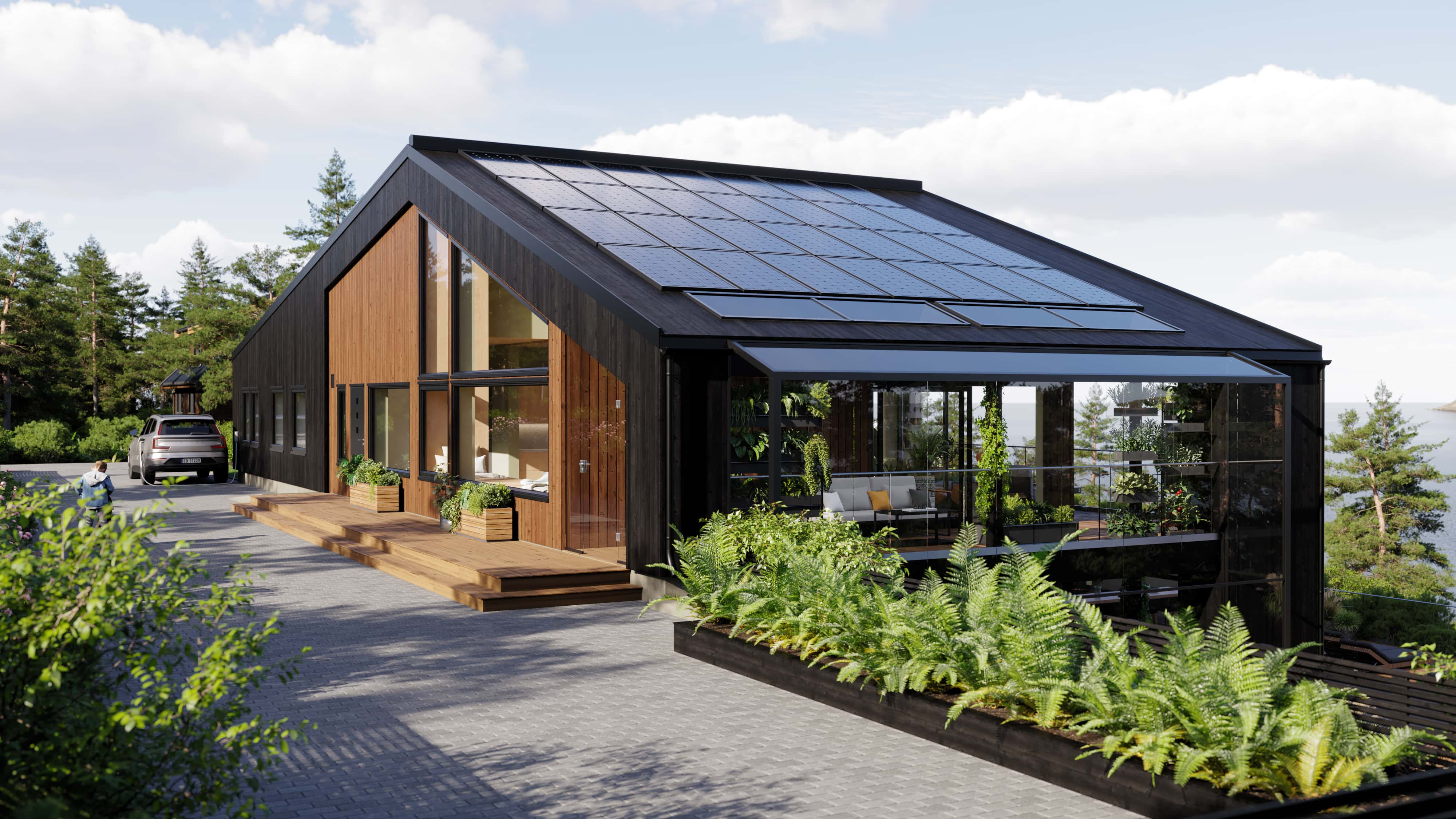 Husmodellen Futuro, her illustrert med sort trekledning og staffasje i lys brun burmateak. Solceller p&aring; taket og bil som st&aring;r til lading utenfor.