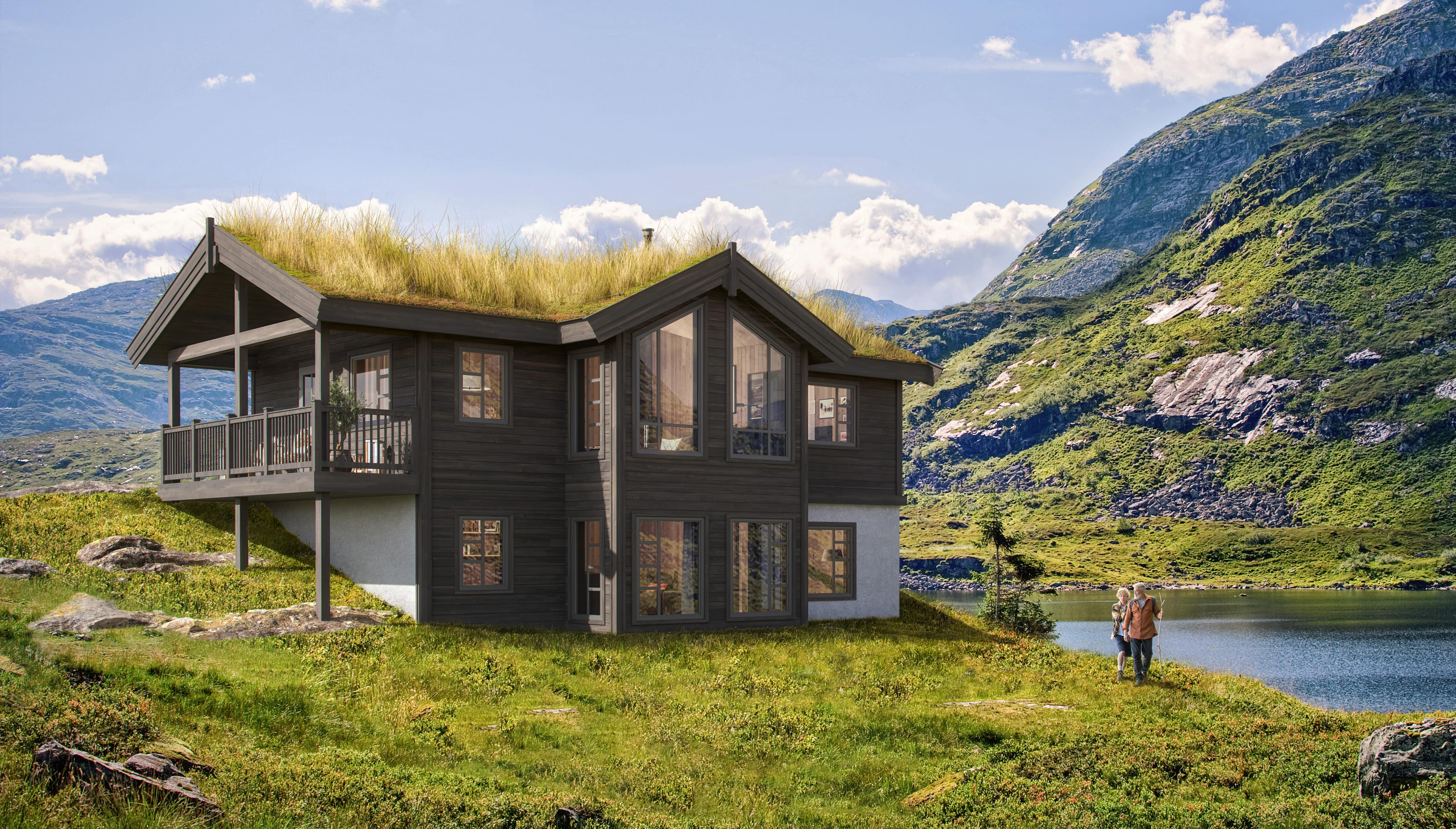 Sokkelhytta Besshø er utviklet for å bygges på skrå tomter. Her er ferdighytta illustrert med gress på taket og i et frodig fjell-landskap.