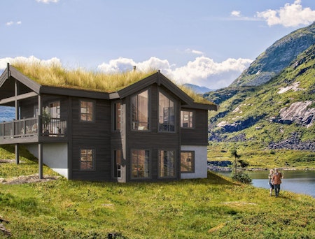 Sokkelhytta Besshø er utviklet for å bygges på skrå tomter. Her er ferdighytta illustrert med gress på taket og i et frodig fjell-landskap.