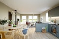 Lys og moderne åpen stue- og kjøkkenløsning i tomannsboligen Minna. Blå kjøkkeninnredning og rundt eikebord med eikestoler.